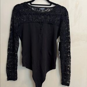 XOXO Black Long Sleeve Illusion Lace Crew Neck Bodysuit NWT